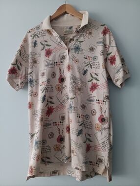 St John’s Bay Floral Script Print Polo Shirt M Cotton Button Short Sleeve